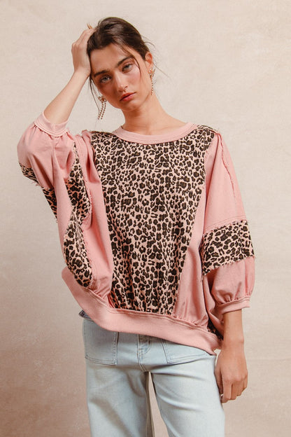 BiBi OVERSIZED Washed Leopard and Light Denim Top in Mauve