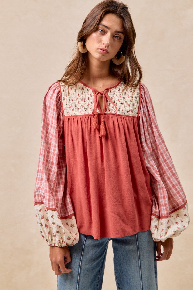BiBi Mix N Match Peasant Top in Dark Coral