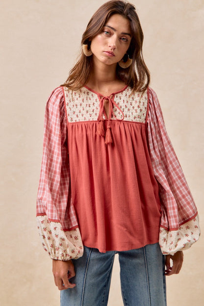 BiBi Mix N Match Peasant Top in Dark Coral