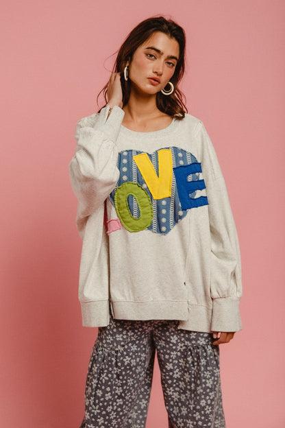 BiBi OVERSIZED French Terry Top with Heart & "LOVE" Letter Patches in Heather Grey