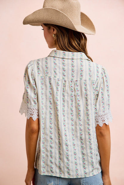 BiBi Floral Print Crinkle Top with Lace Details in Ivory Multi