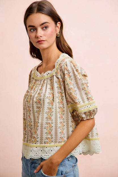 BiBi Floral Stripe Printed Lace Trim Detail Top in Cream