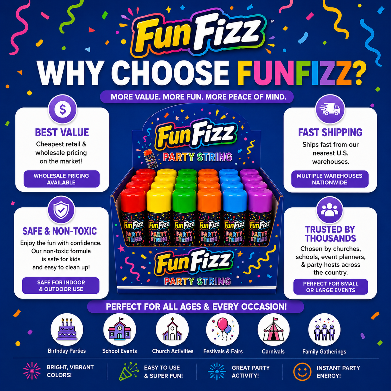 FunFizz Silly Party String Spray (24 Pack) – Non-Toxic Color String Aerosol for Birthday Parties, Weddings, Celebrations, School Events & Festive Occasions