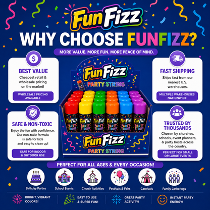 FunFizz Silly Party String Spray (24 Pack) – Non-Toxic Color String Aerosol for Birthday Parties, Weddings, Celebrations, School Events & Festive Occasions