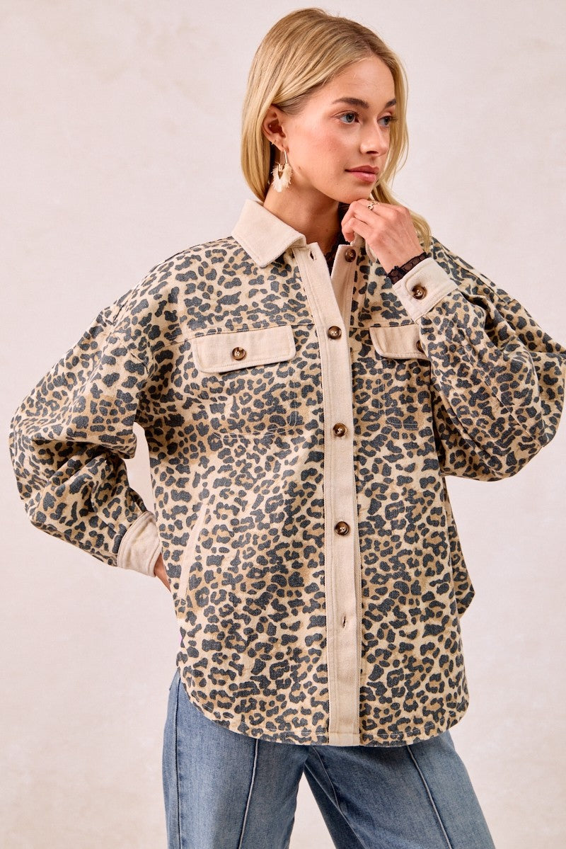 BiBi Mineral Washed Leopard Print Shacket