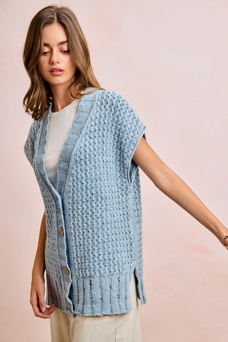 BiBi Mineral Washed Knit Boxy Cardigan in Washed Denim