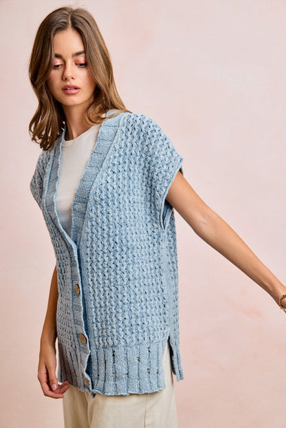 BiBi Mineral Washed Knit Boxy Cardigan in Washed Denim
