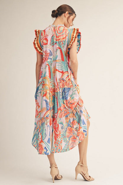 Jodifl Boho Tropical Print Midi Dress in Turquoise Mix