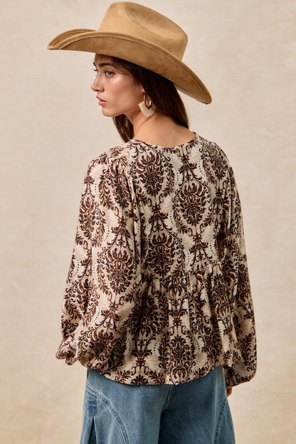 BiBi Two Tone Abstract Print Top in Tan/Brown ON ORDER