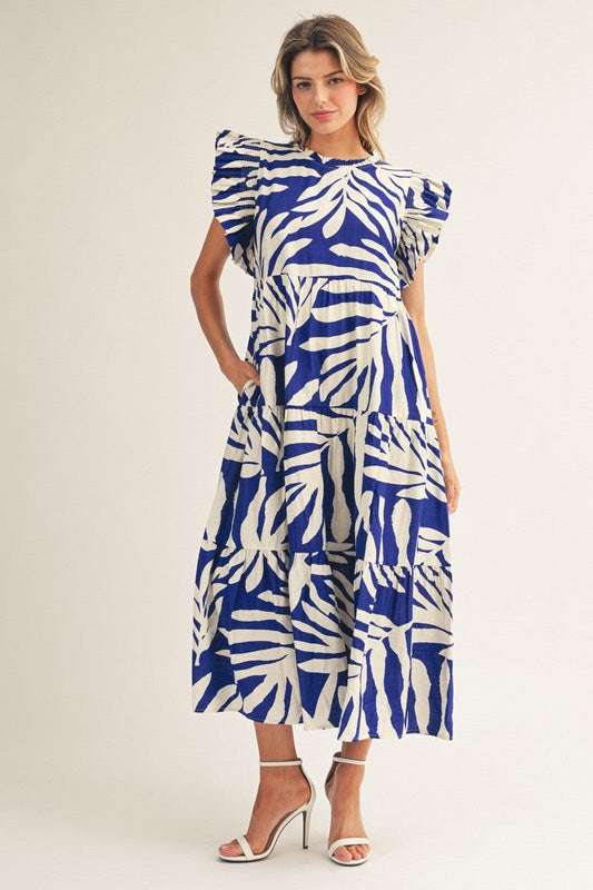 Jodifl Tropical Palm Print Tiered Midi Dress in Royal