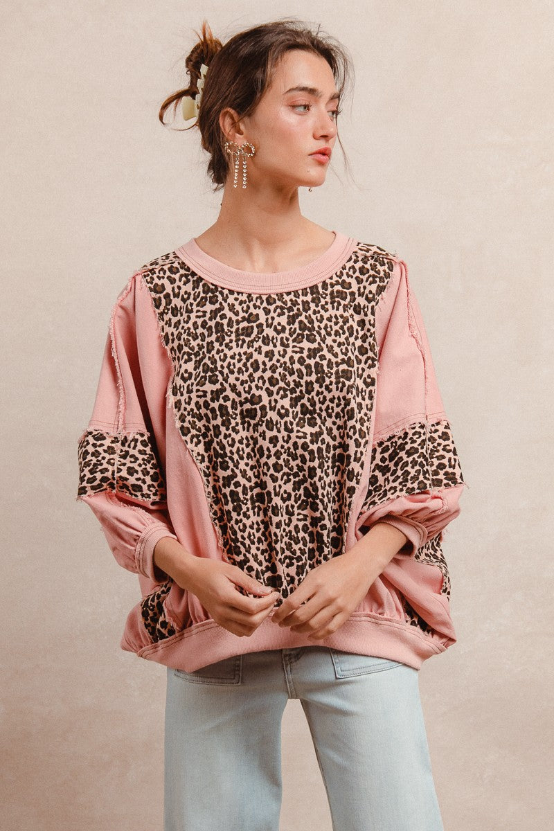 BiBi OVERSIZED Washed Leopard and Light Denim Top in Mauve