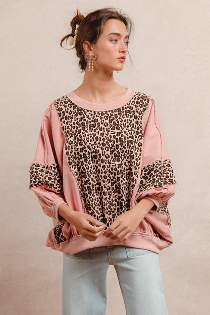 BiBi OVERSIZED Washed Leopard and Light Denim Top in Mauve