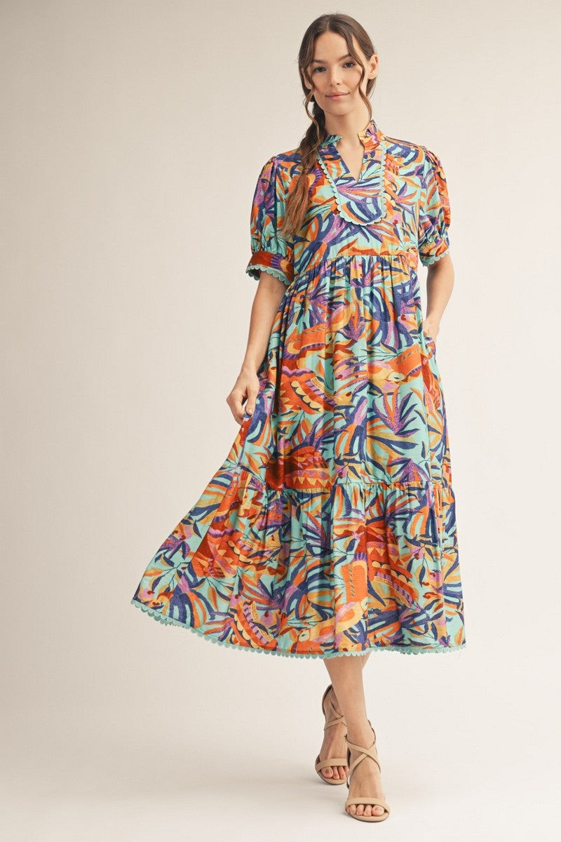 Jodifl Tropical Print Midi Dress with Scalloped Trim Detail in Aqua Blue