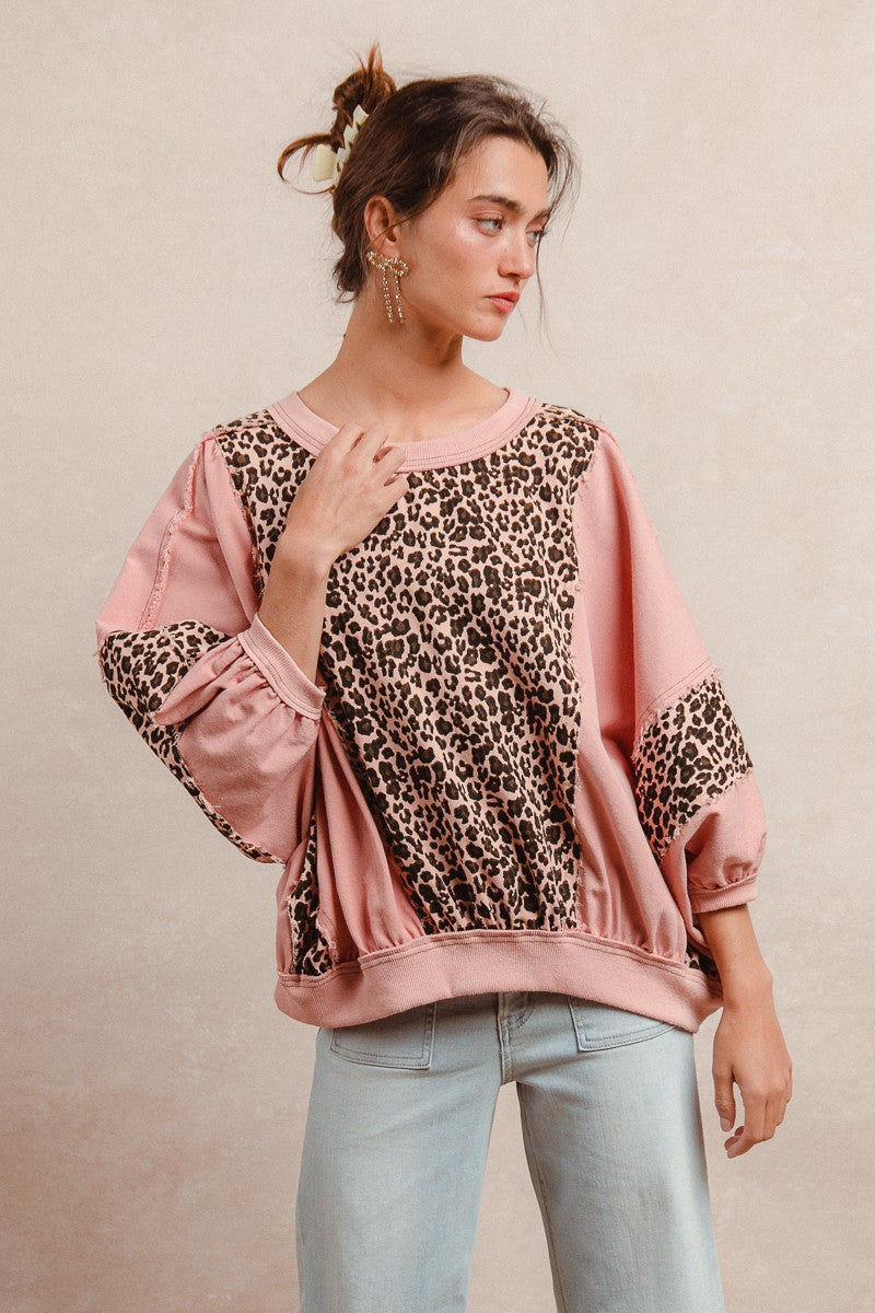 BiBi OVERSIZED Washed Leopard and Light Denim Top in Mauve