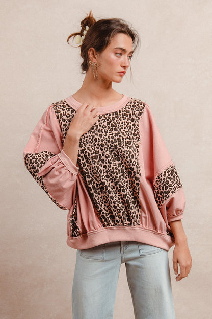 BiBi OVERSIZED Washed Leopard and Light Denim Top in Mauve
