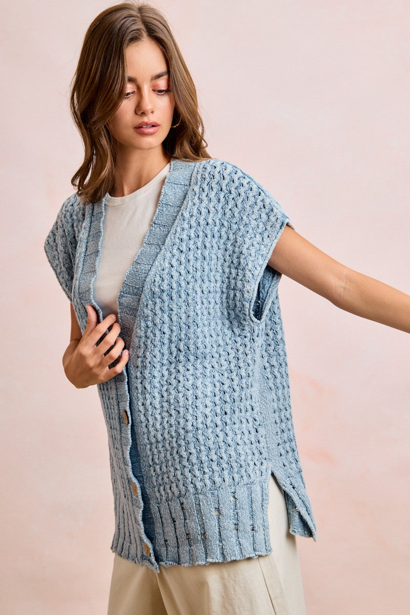 BiBi Mineral Washed Knit Boxy Cardigan in Washed Denim