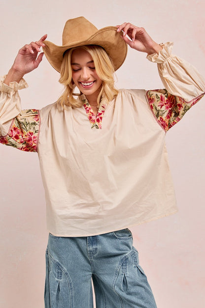 BiBi Solid Color Top with Embroidery Detail Sleeves in Cream