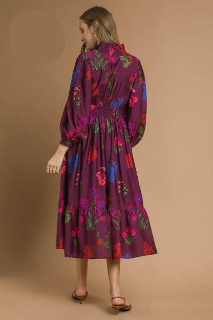 Umgee Mixed Floral Print Midi Dress in Burgundy Mix