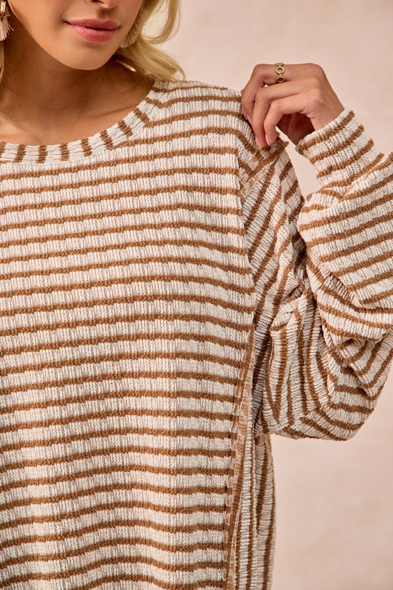 BiBi OVERSIZED Contrasting Color Textured Knit Stripe Top in Camel