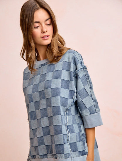 BiBi OVERSIZED Denim Checkered Top in Denim ON ORDER