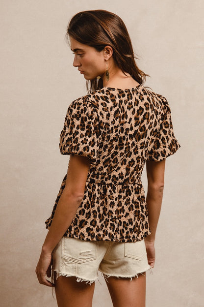 BiBi Textured Peplum Top with Ribbon Ties in Leopard