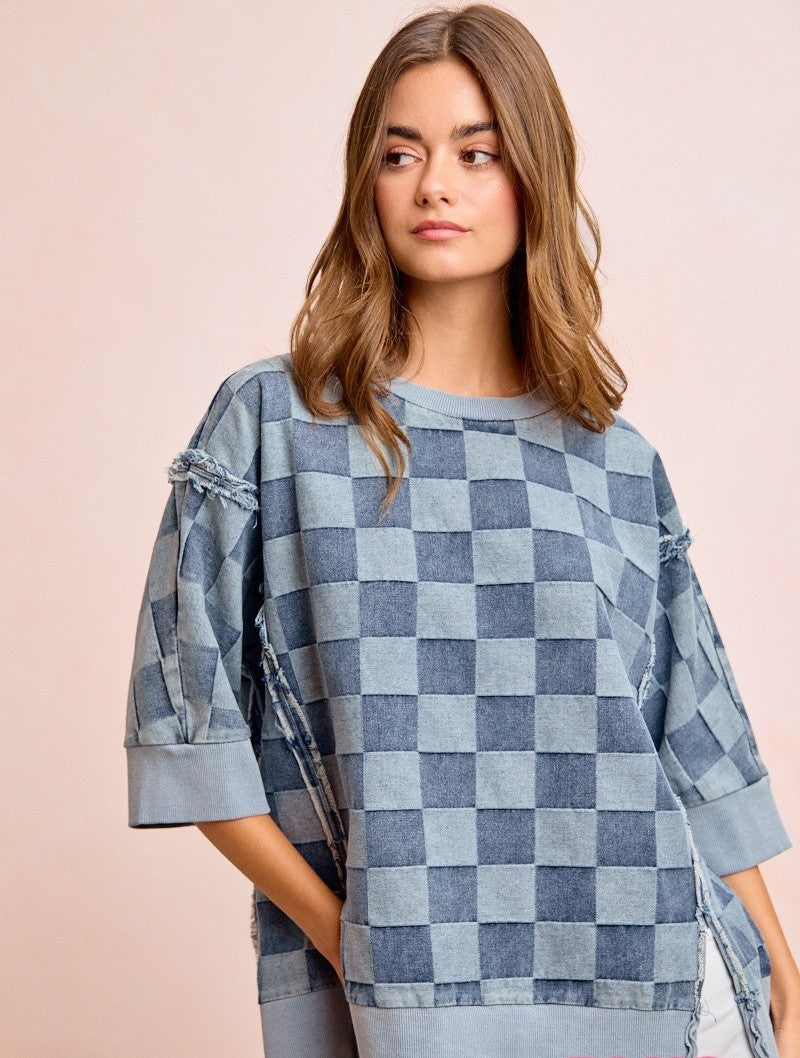 BiBi OVERSIZED Denim Checkered Top in Denim ON ORDER