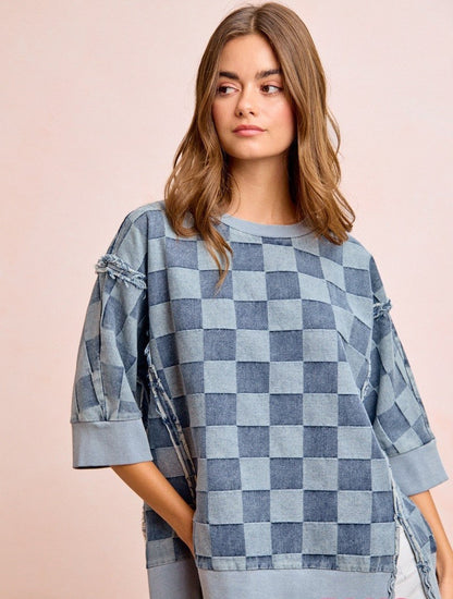 BiBi OVERSIZED Denim Checkered Top in Denim ON ORDER