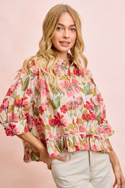 BiBi Floral Print Ruffled Hem Button-Up Quarter Sleeve Top in Floral ON ORDER