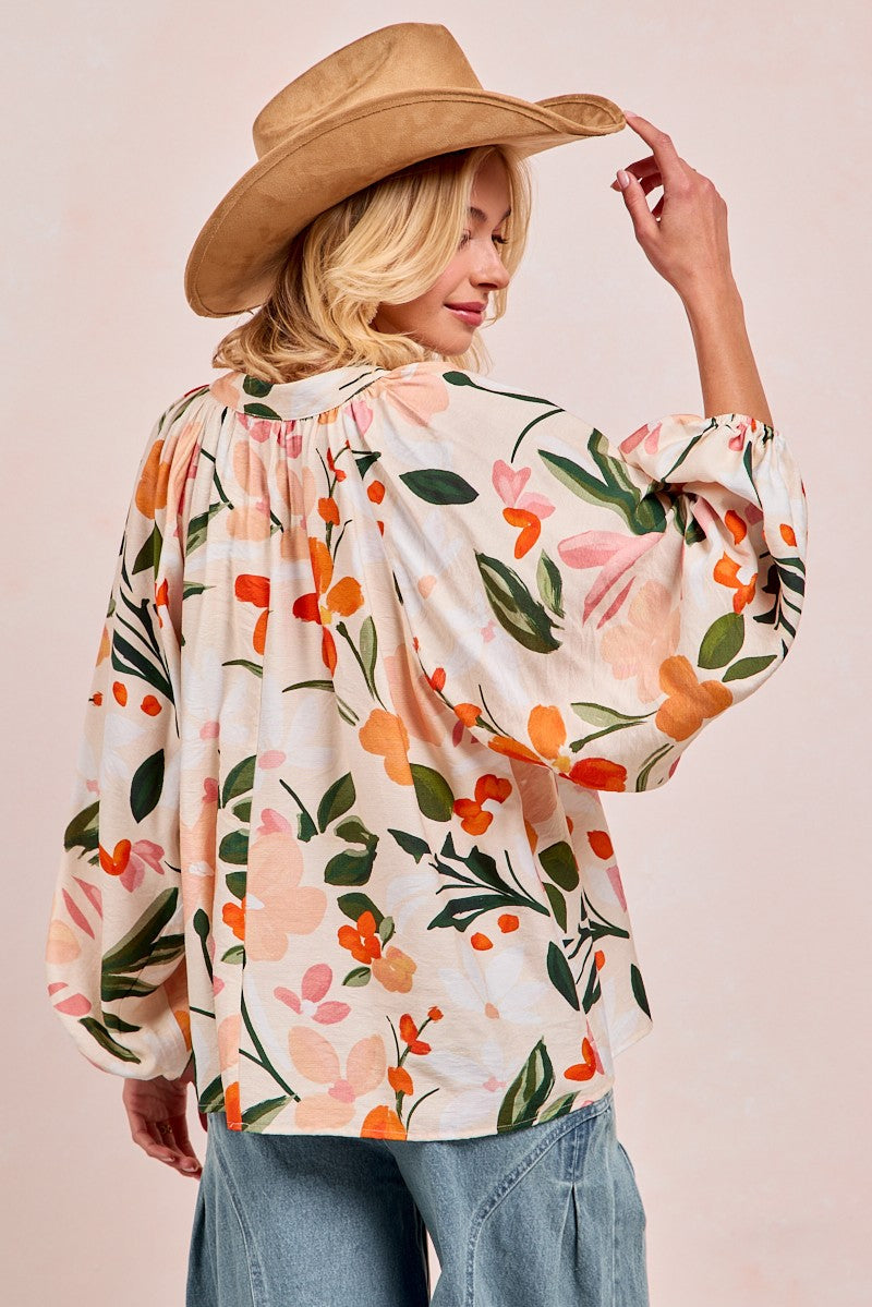 BiBi Floral Print Exaggerated Balloon Sleeve Top in Floral