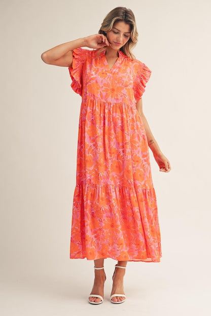 Jodifl Tropical Bloom Ruffle Sleeve Midi Dress in Orange