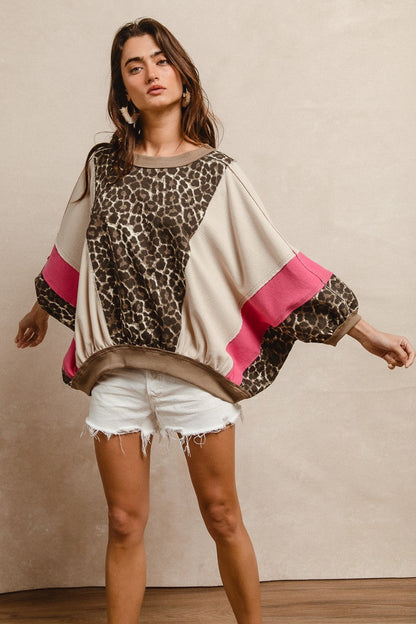 BiBi Oversized Leopard and Mixed Knit Top in Pink/Leopard