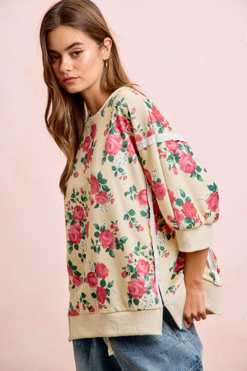 BiBi Rose Printed Terry Knit Relaxed Top in Cream ON ORDER