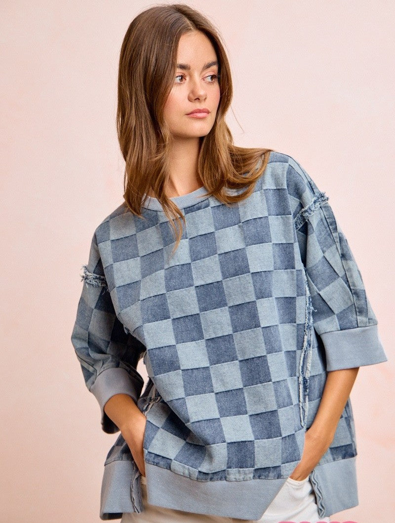 BiBi OVERSIZED Denim Checkered Top in Denim ON ORDER