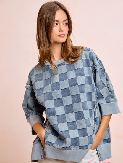 BiBi OVERSIZED Denim Checkered Top in Denim ON ORDER
