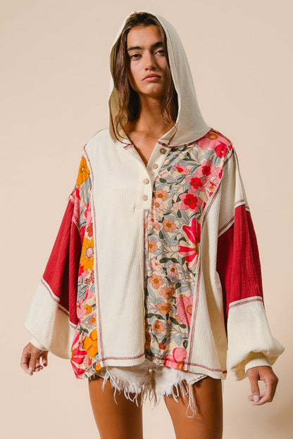 BiBi Mixed Floral and Solid Knit Hooded Top in Oatmeal/Rust