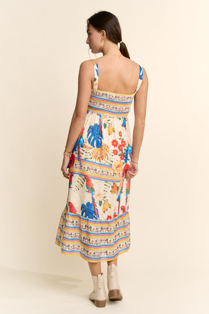 Davi & Dani Parrot Print Maxi Dress in Cream Beige Multi