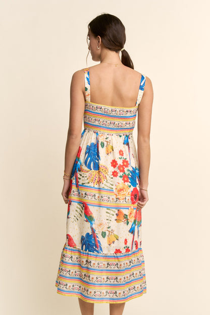 Davi & Dani Parrot Print Maxi Dress in Cream Beige Multi