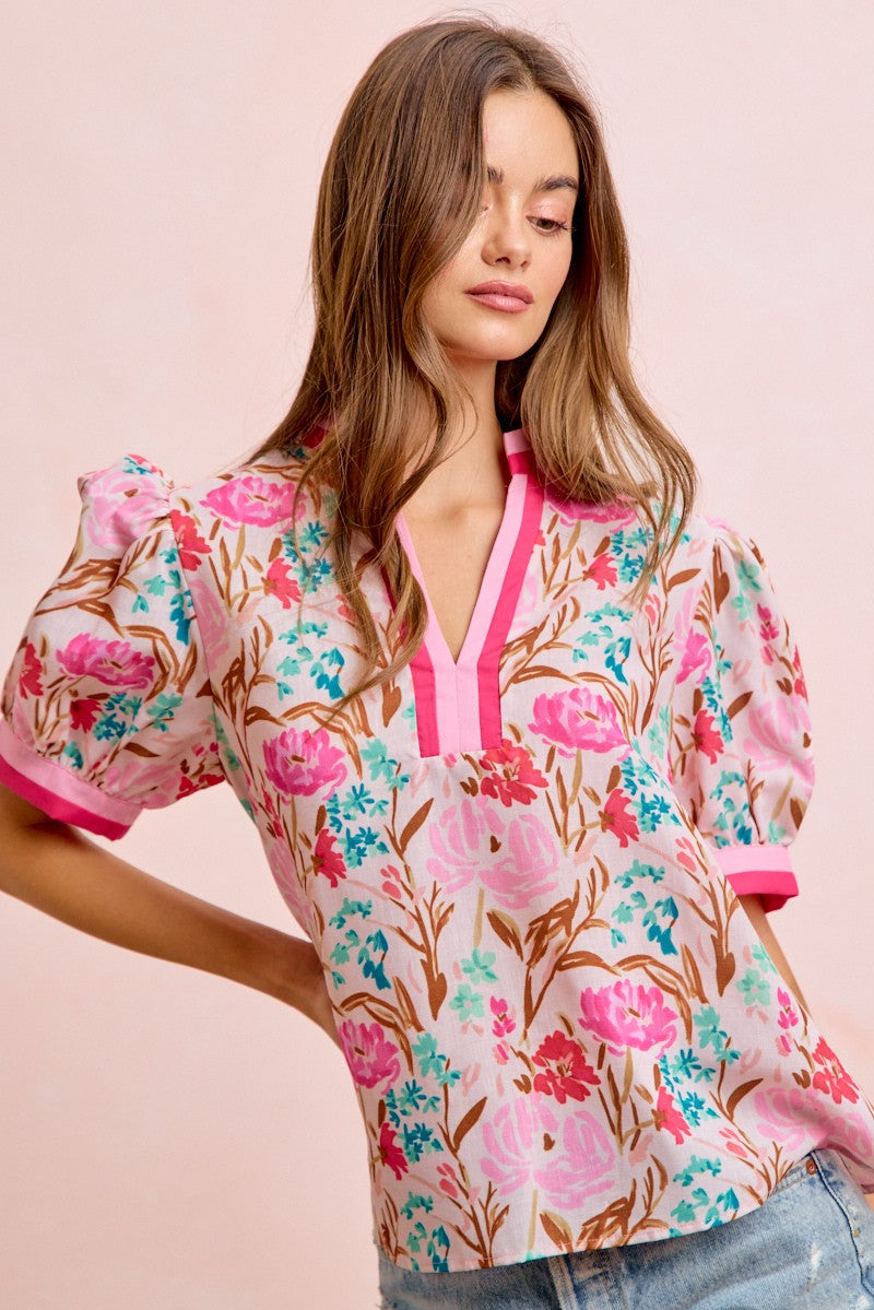 BiBi Woven Flower Print Top with Contrasting Trim in Pink