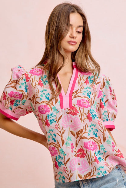 BiBi Woven Flower Print Top with Contrasting Trim in Pink