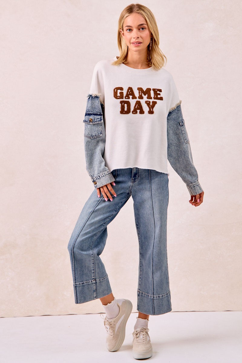 BiBi Sweatshirt with Denim Sleeves and GAMEDAY Letter Patches in Ivory