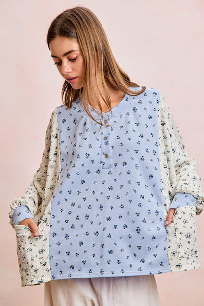 BiBi Floral Print Mix N Match Henley Top in Light Blue
