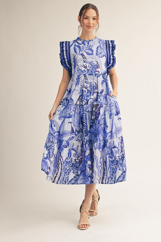 Jodifl Boho Tropical Print Midi Dress in Blue Mix