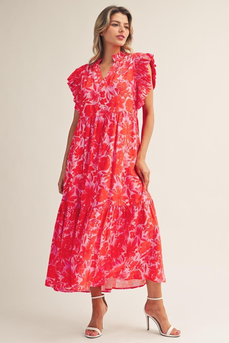 Jodifl Tropical Bloom Ruffle Sleeve Midi Dress in Red