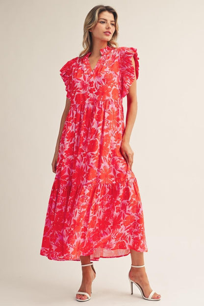 Jodifl Tropical Bloom Ruffle Sleeve Midi Dress in Red
