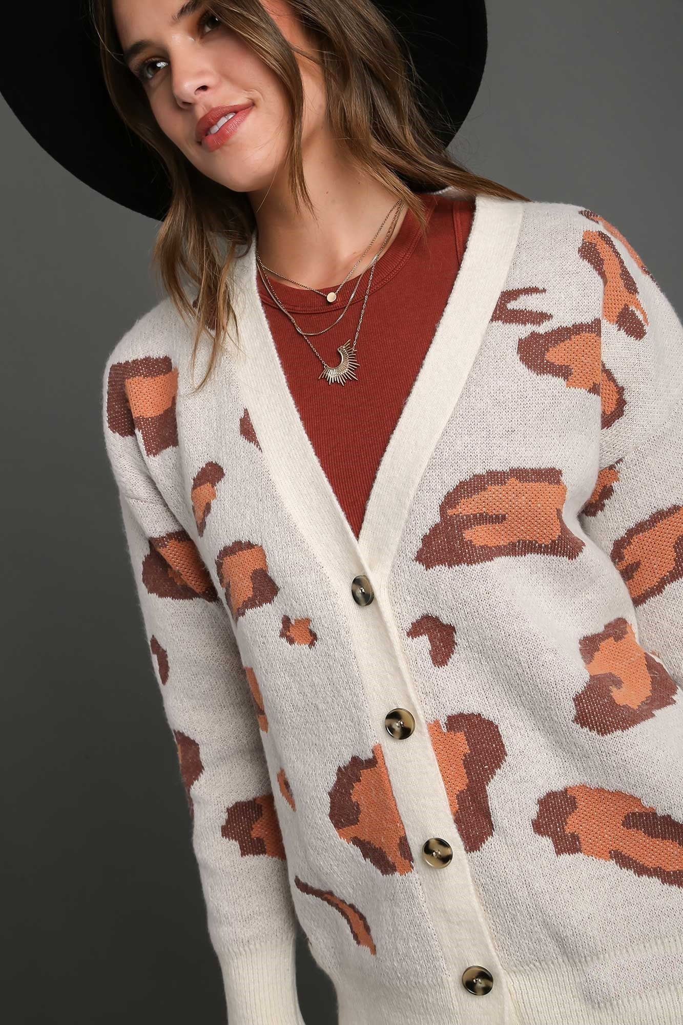 Umgee Leopard Button Down Cardigan Sweater in Cream