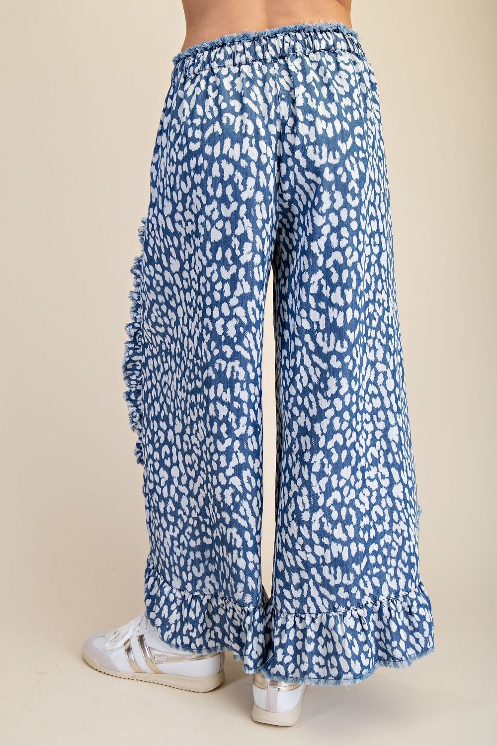 Easel Animal Print Pants with Frayed Details in Washed Denim
