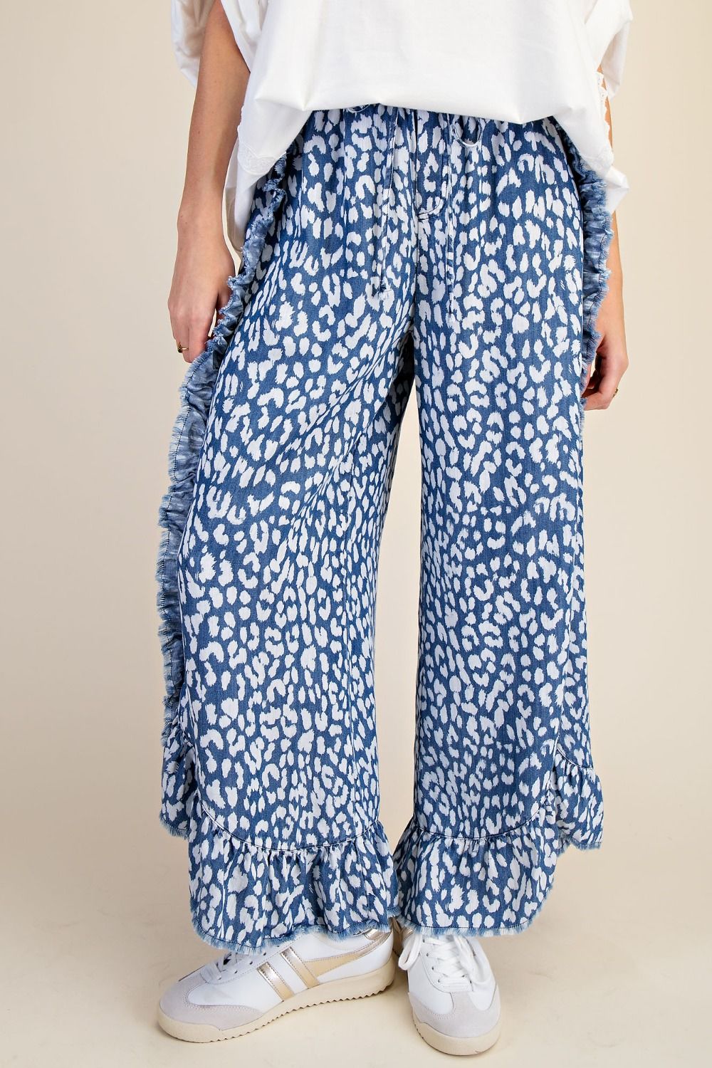 Easel Animal Print Pants with Frayed Details in Washed Denim