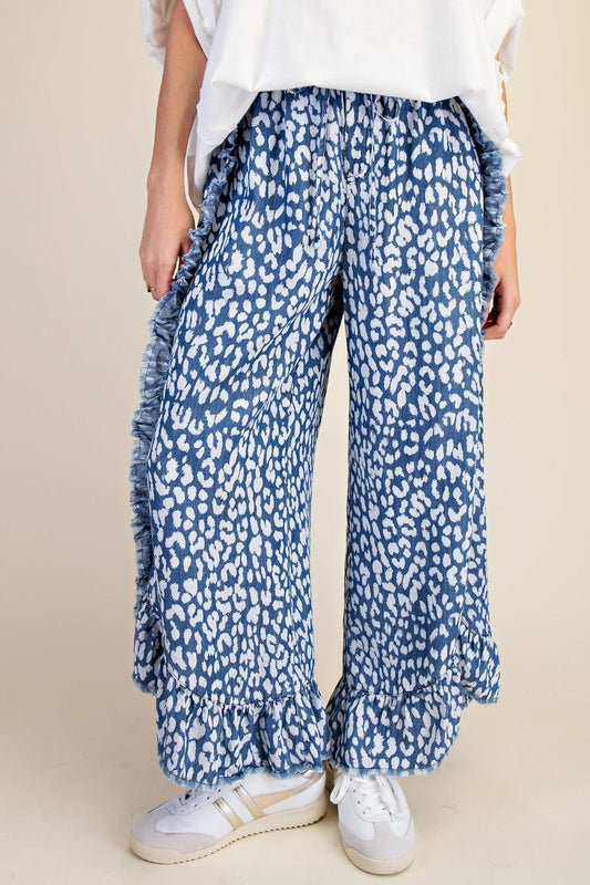 Easel Animal Print Pants with Frayed Details in Washed Denim