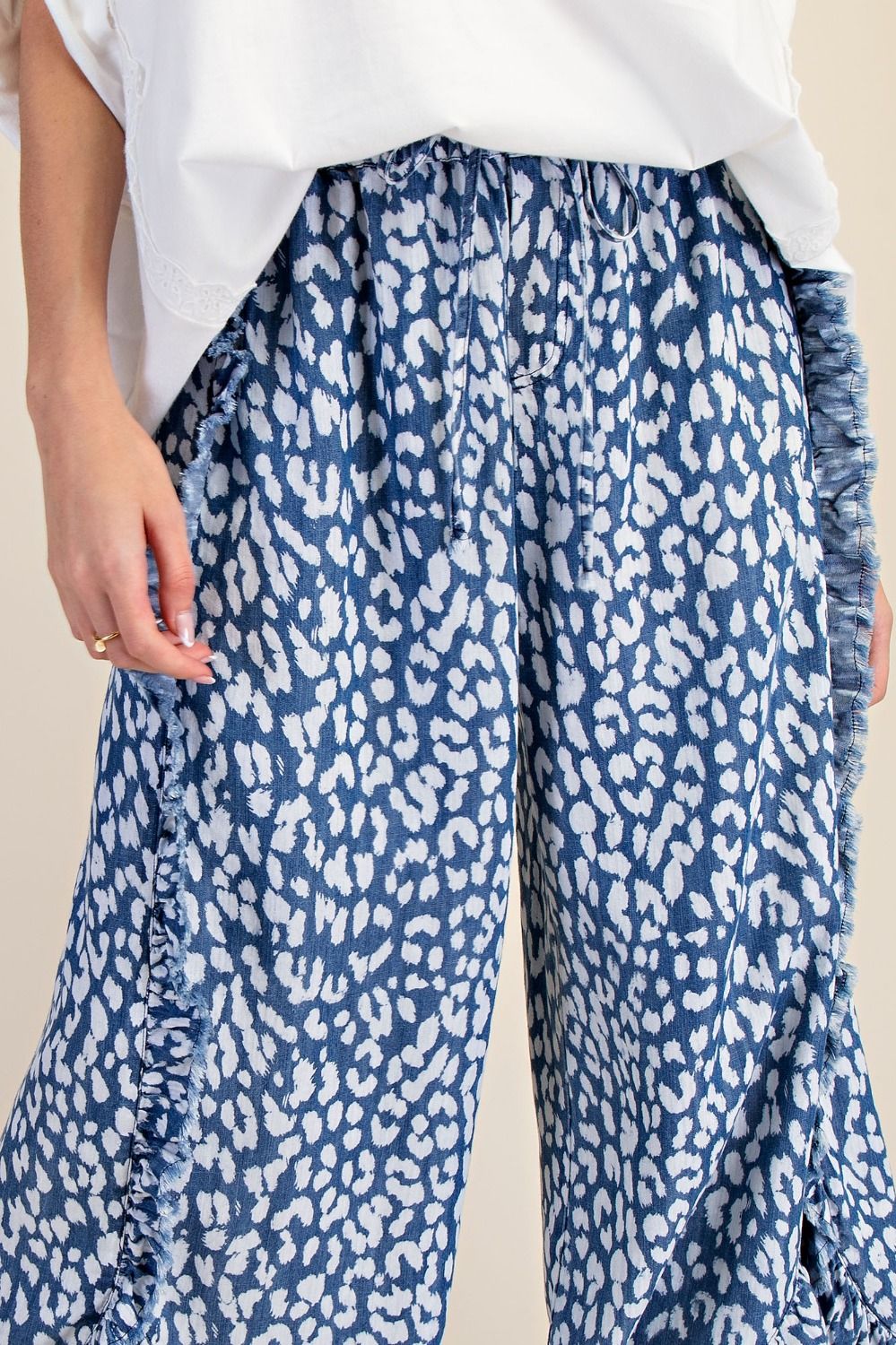 Easel Animal Print Pants with Frayed Details in Washed Denim
