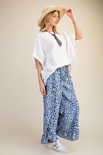 Easel Animal Print Pants with Frayed Details in Washed Denim
